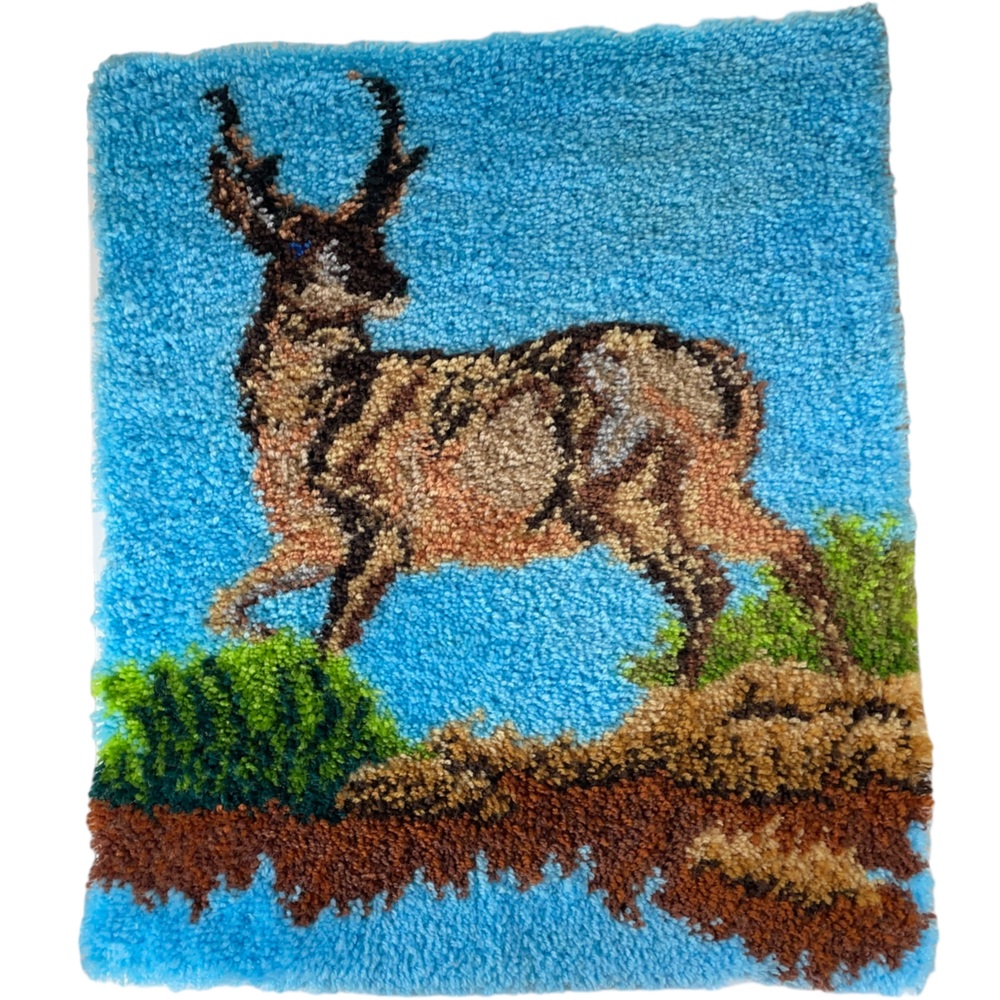 Vintage Latch-Hook Antelope Tapestry Rug/Wall Hang Art Boho Cottage-core Large